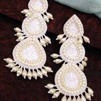 Mansh Handcrafted White Beaded Dangler Earrings