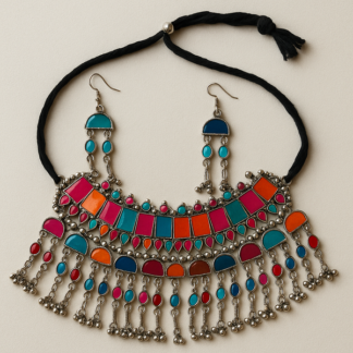 Mansh Afghani Mirror oxidised choker Set